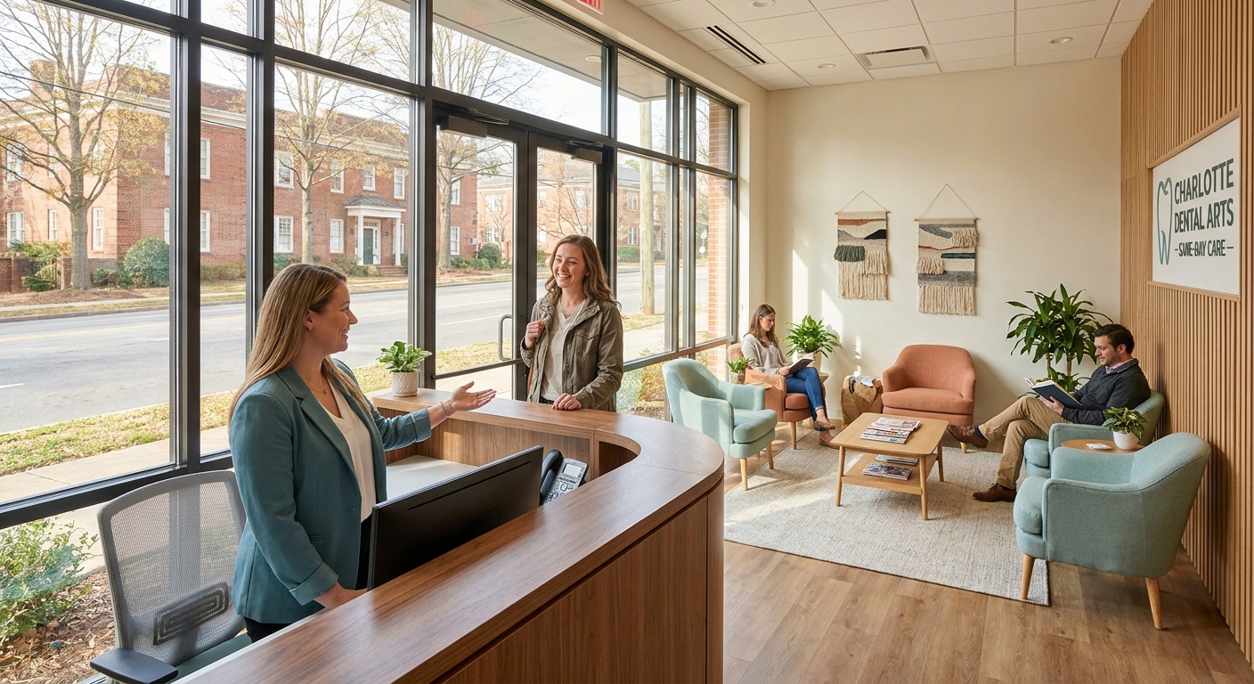 Welcoming reception area at Charlotte Emergency Dental showing walk-in patient being greeted at front desk with natural lighting