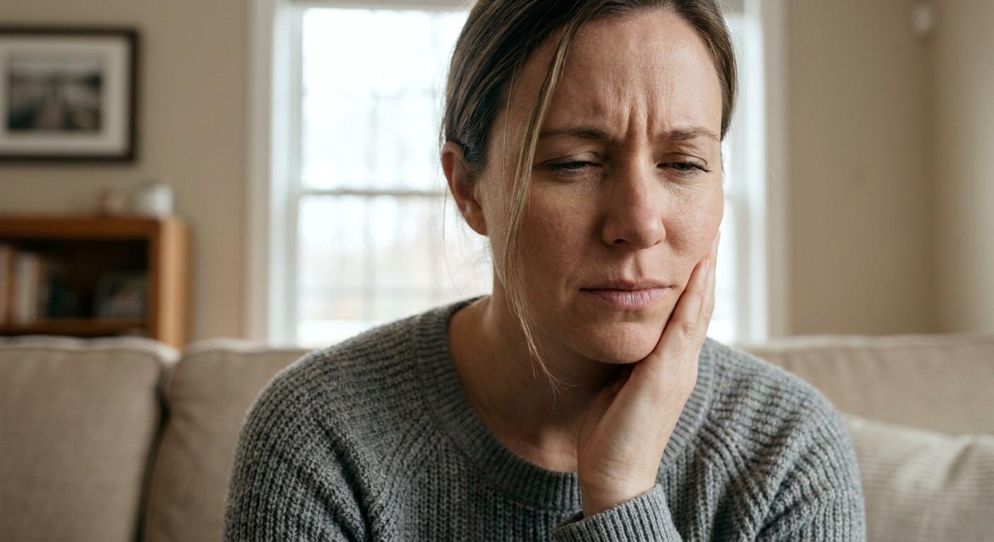 Woman experiencing tooth pain at home deciding whether to seek emergency dental care in Charlotte