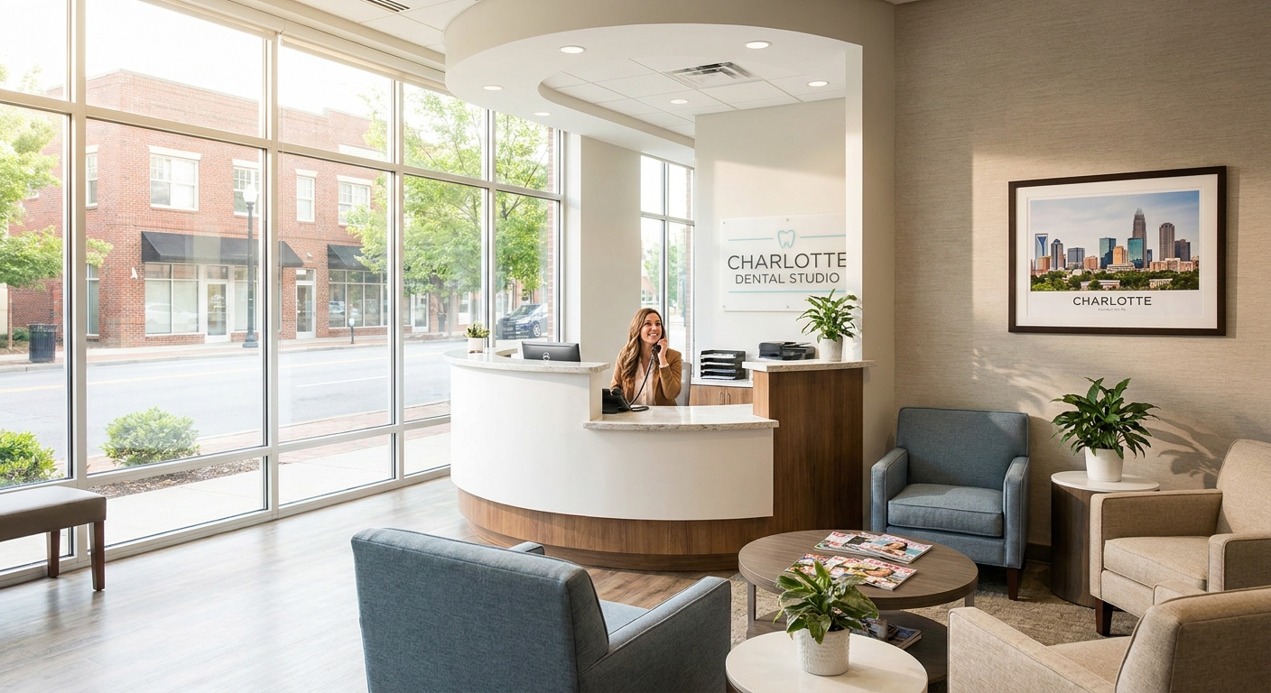 Welcoming front desk reception area at Charlotte Emergency Dental as seen from entrance, with natural light and professional staff ready to help walk-in patients