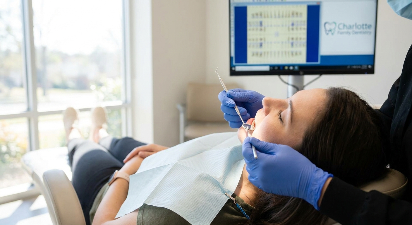 Dentist examining patient in emergency dental operatory in Charlotte
