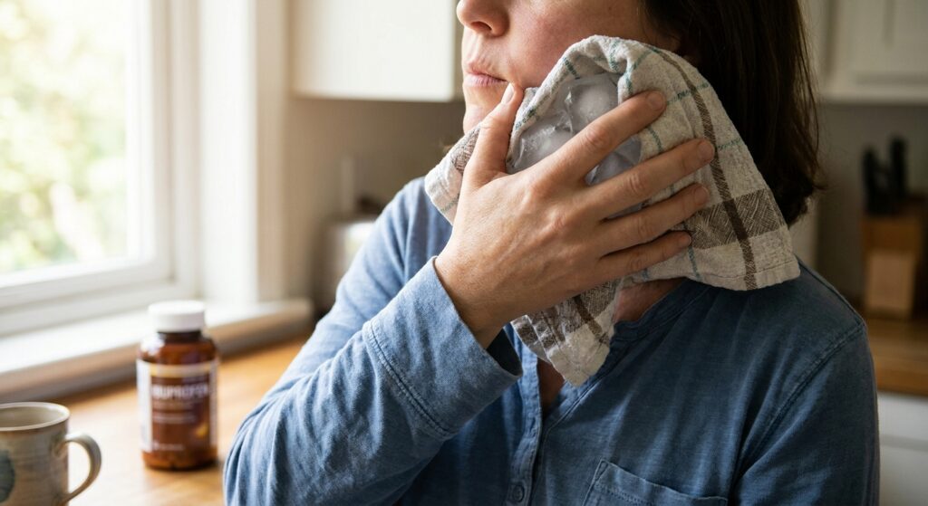 Person holding ice pack against cheek for toothache relief at home in Charlotte kitchen