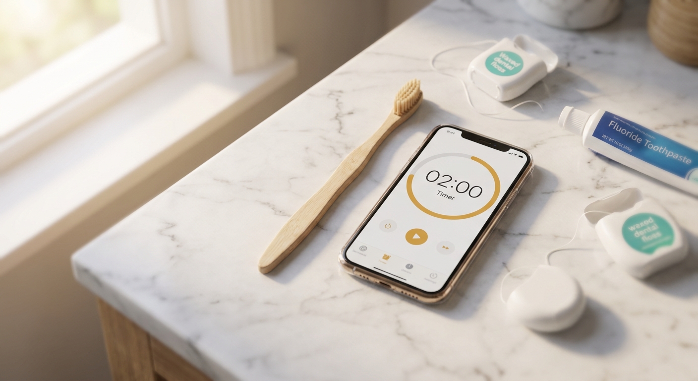 Toothbrush next to smartphone timer showing 2-minute countdown with dental floss on bathroom counter