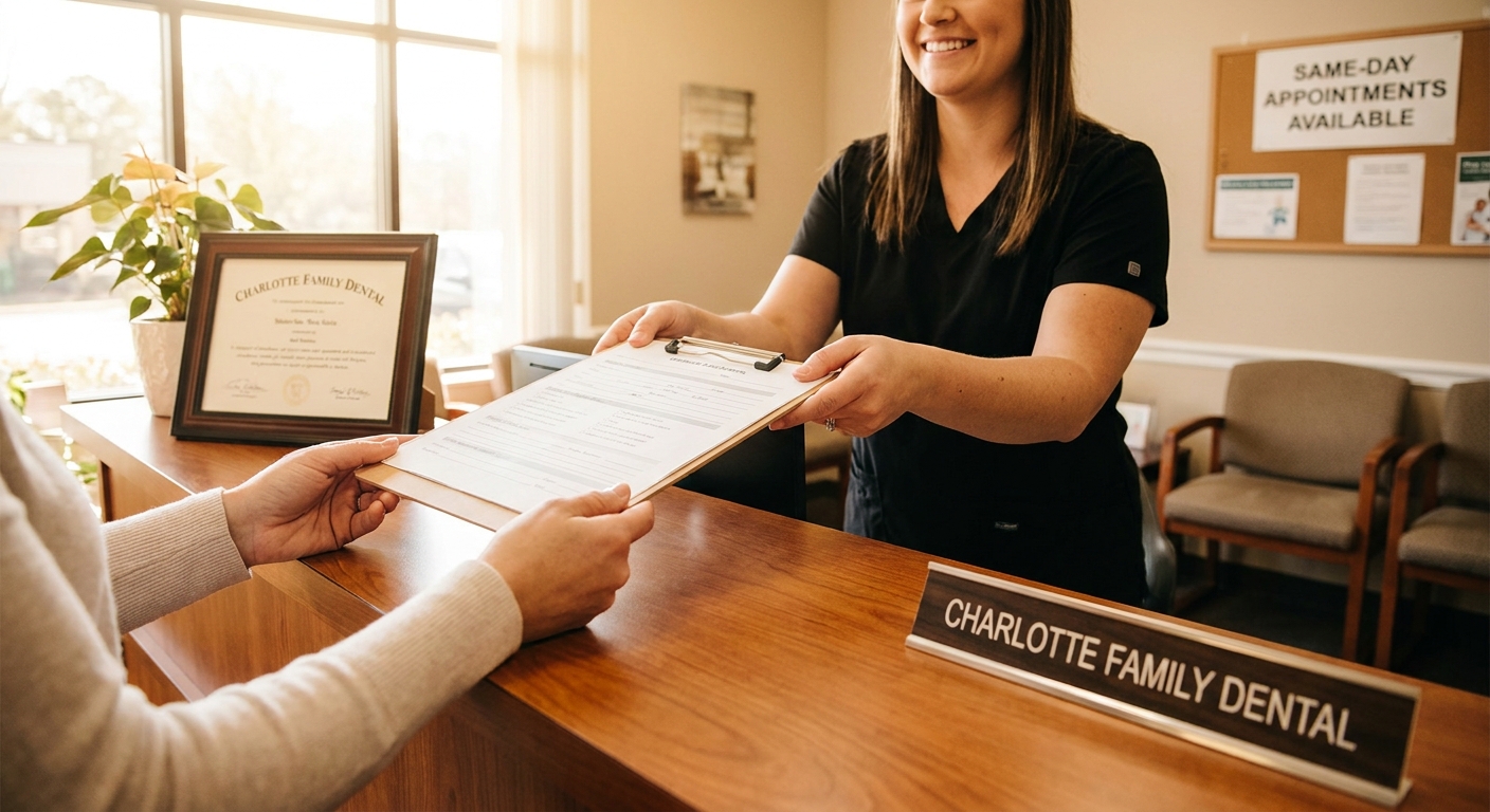 Receptionist at Charlotte Emergency Dental helping patient with paperwork at front desk