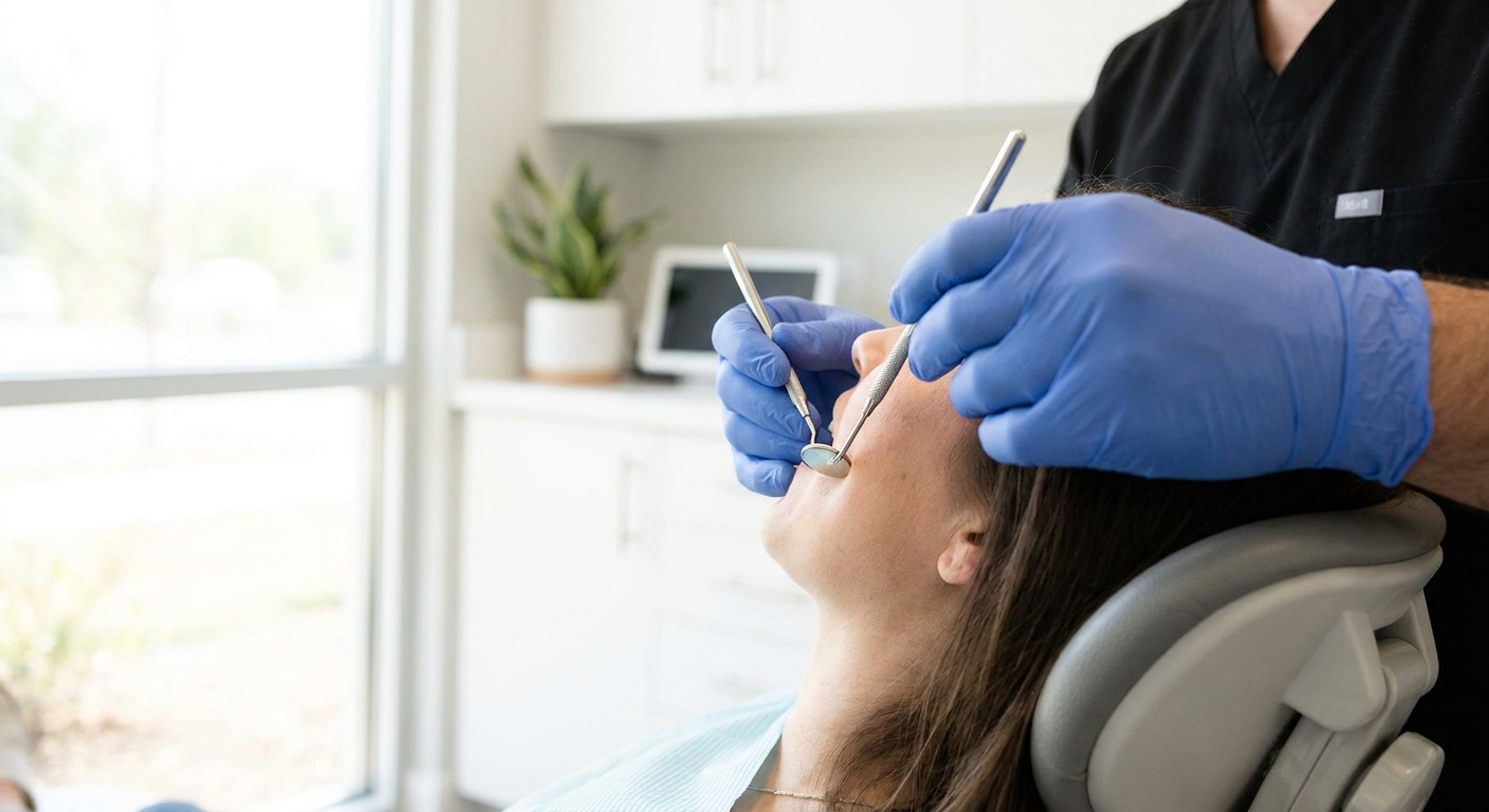 Dentist carefully examining a patient's tooth with dental instruments during a broken tooth evaluation