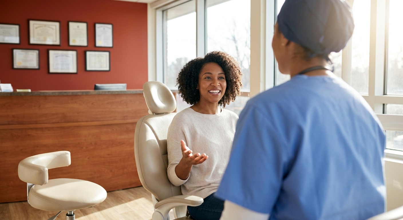 Patient having a comfortable consultation conversation in a Charlotte dental office, discussing treatment options in a welcoming environment